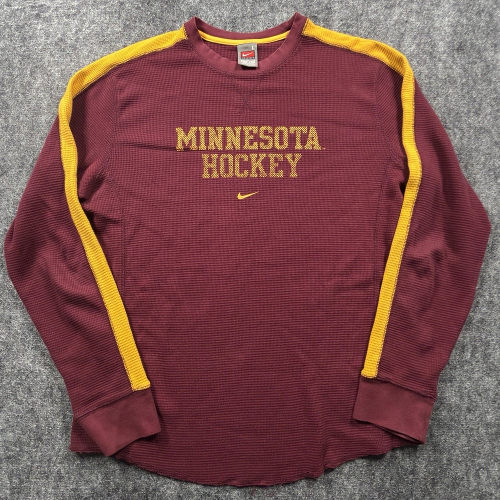 Vintage Y2K Nike Team Minnesota Hockey Mens L Maroon Gold Waffle Thermal Shirt